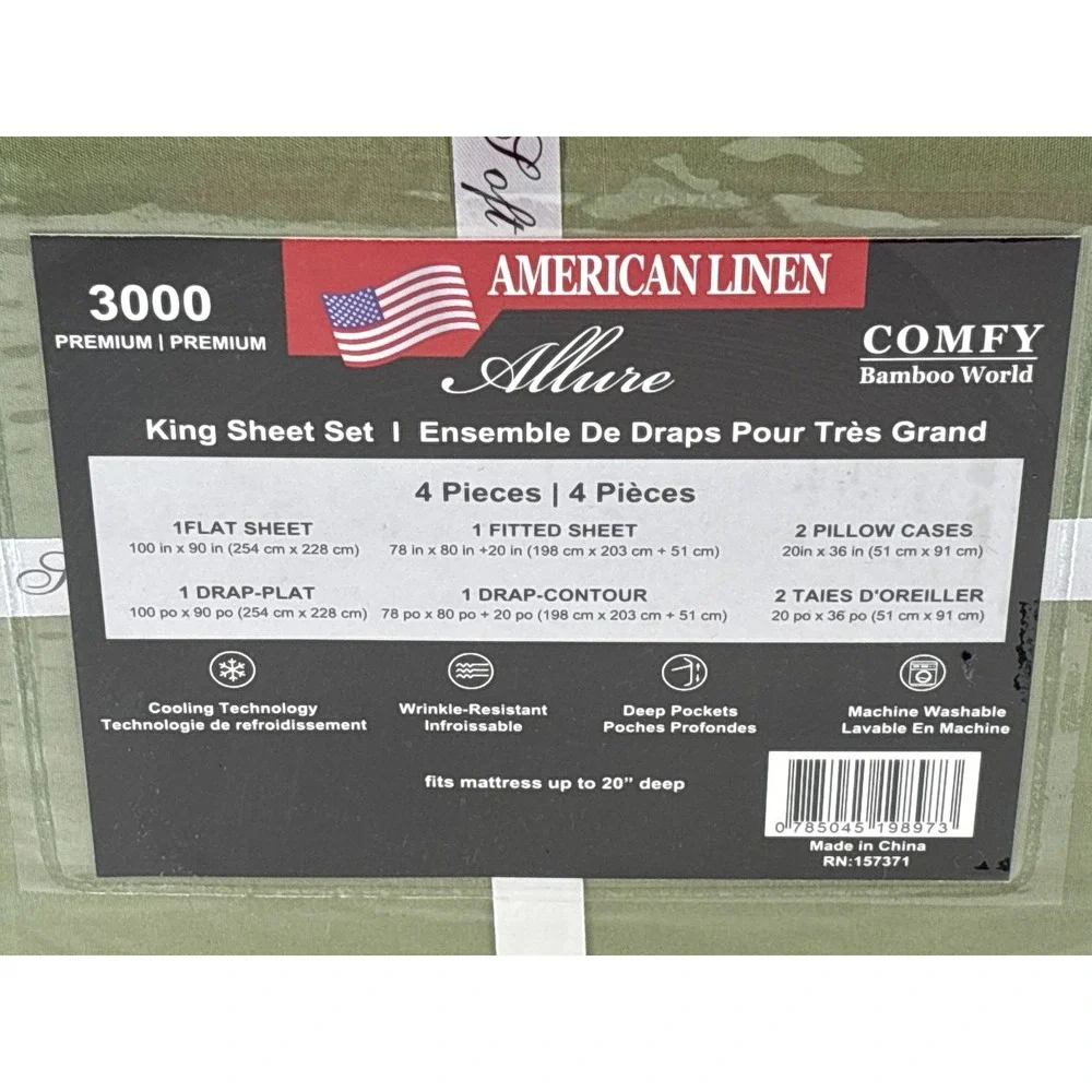American Linen Allure 3000 King Sheet Set Olive Green Bamboo 4pc Deep Pocket